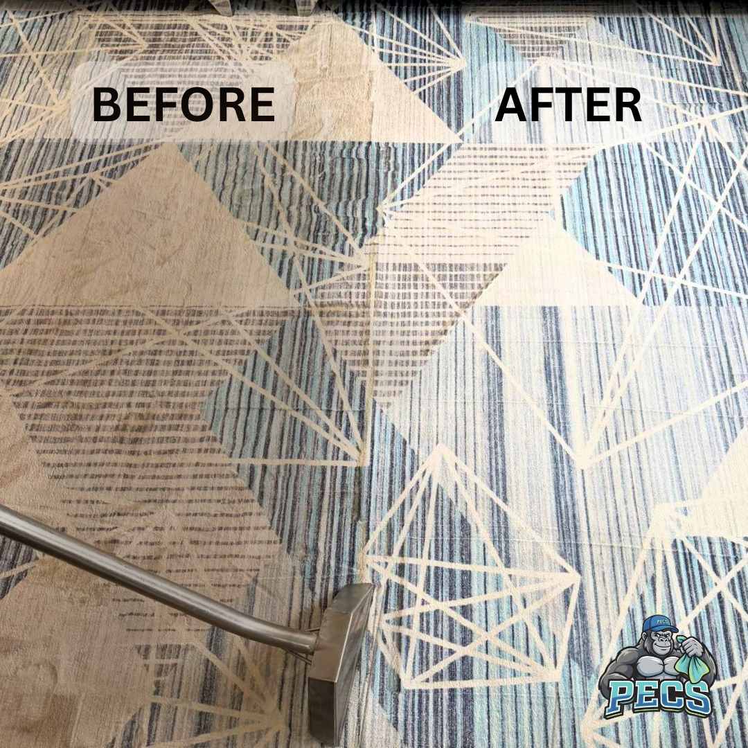 Before and after carpet cleaning comparison from a PECS cleaning job